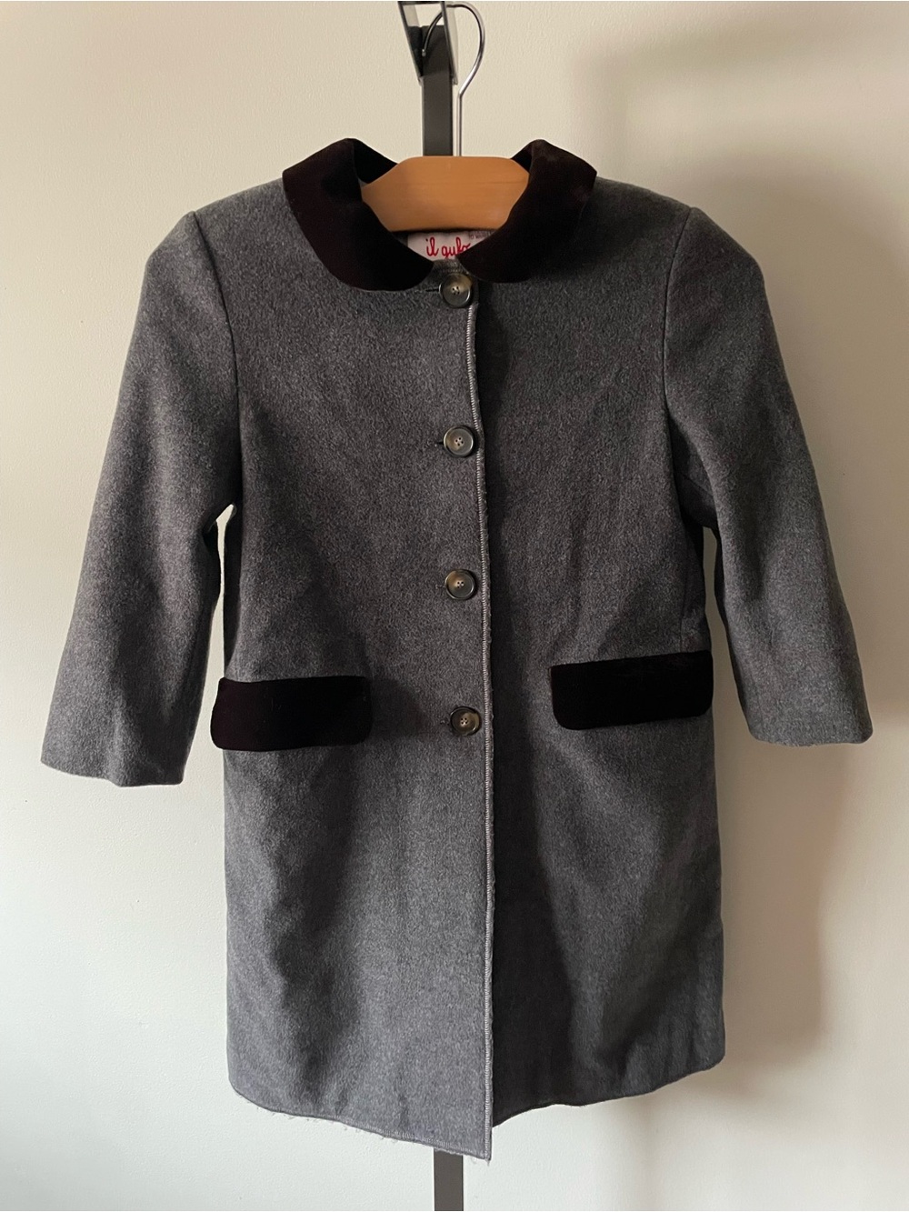 Il Gufo Wool Cashmere Luxury Coat Velvet Collar Grey Button Front Girls Size 10